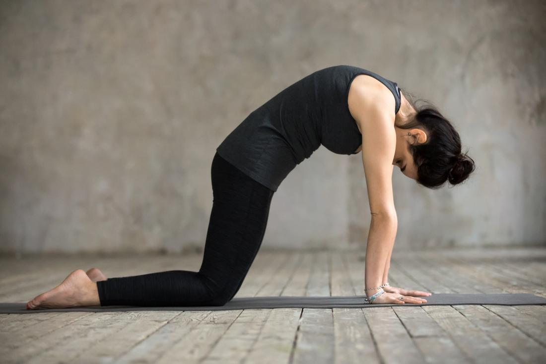 Woman doing yoga stretch called cat pose