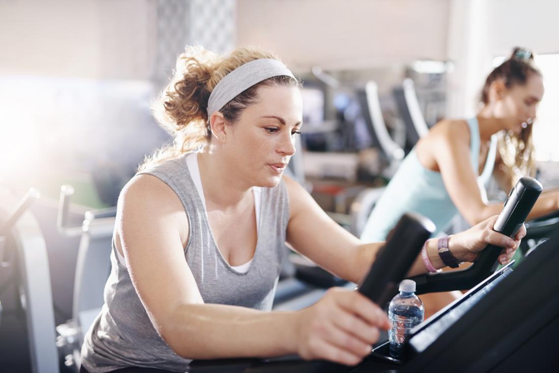 women on exercise bikes at gym