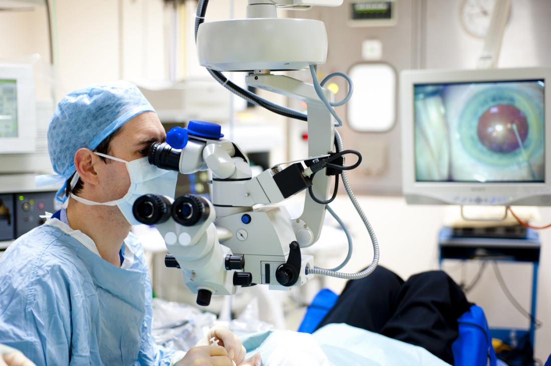 Consultant Ophthalmologist performing cataract eye surgery in an operating room.