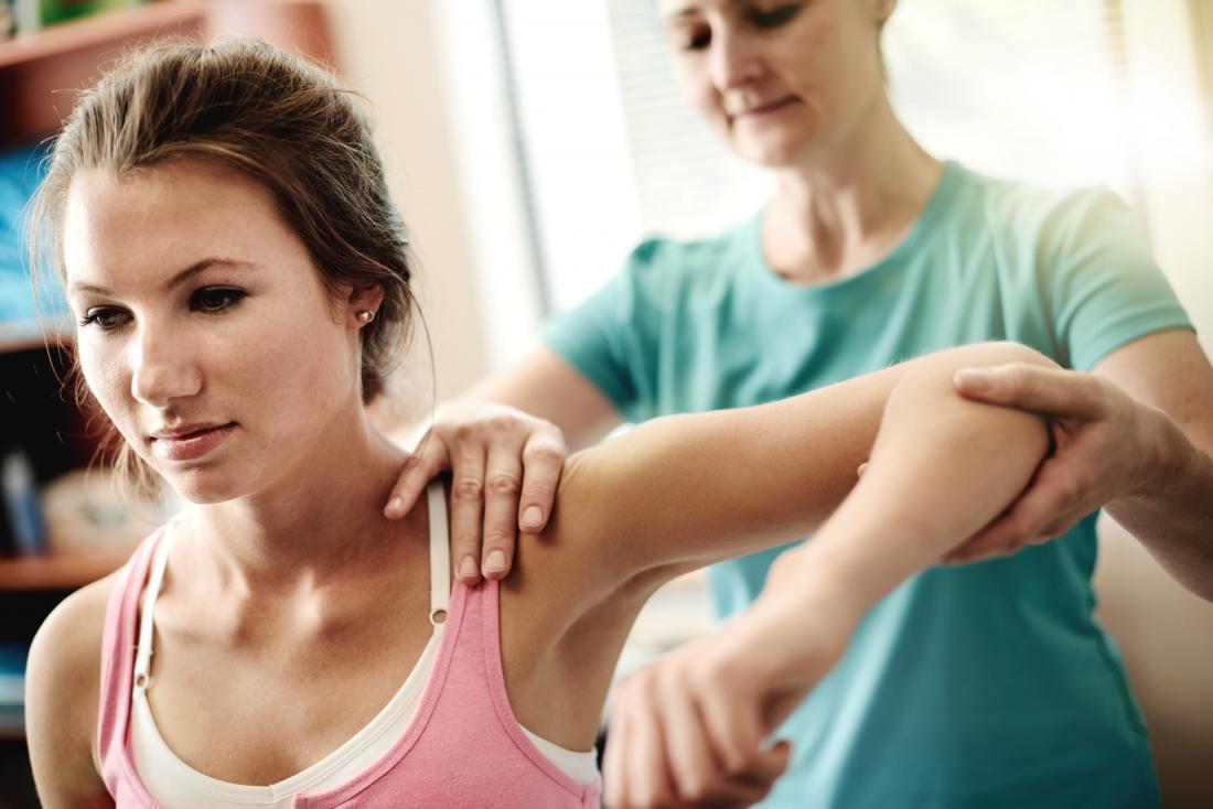 Woman receiving physical therapy to treat shoulder and arm injury.