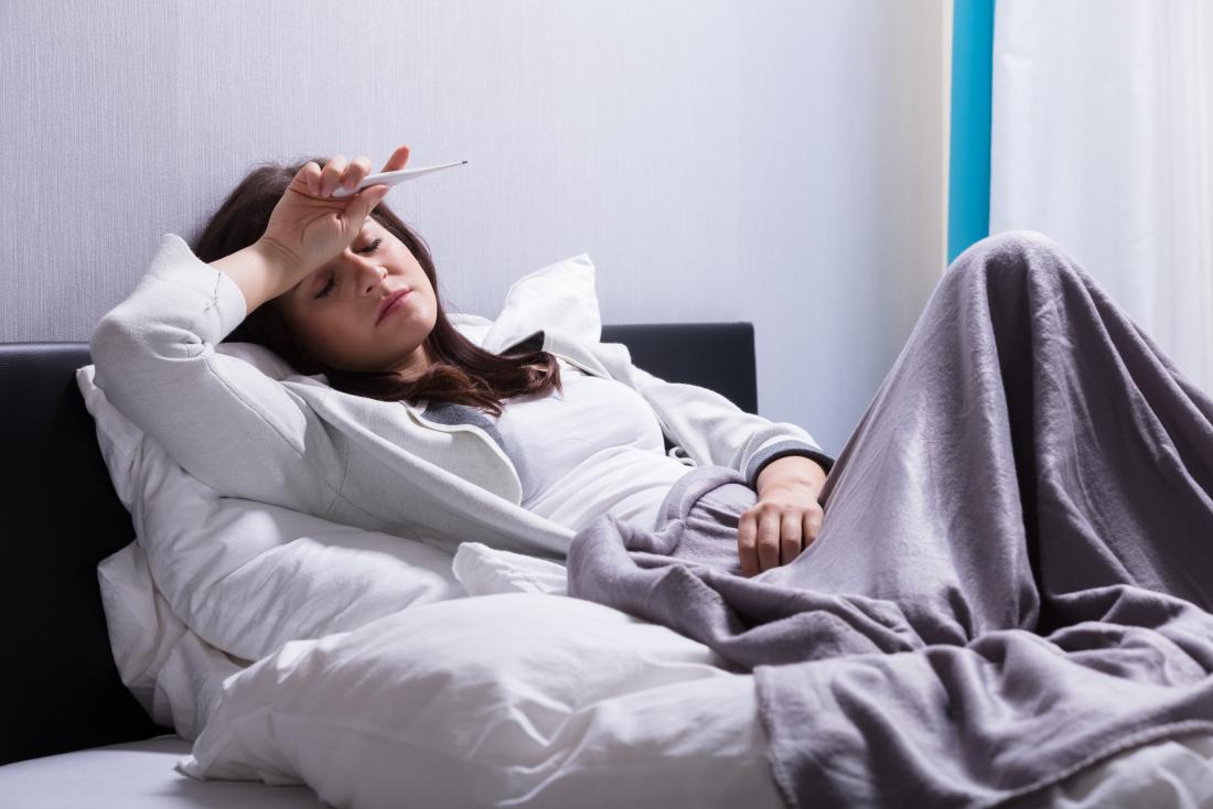 Woman with fever and flu in bed.