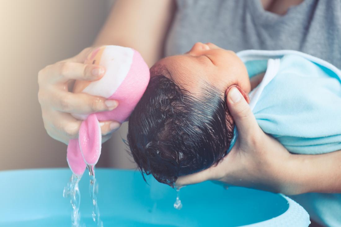 Parent washing a baby's head and hair in bath.