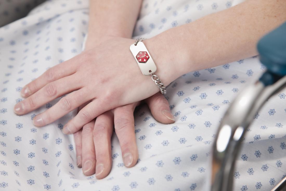 Medical identification bracelet on patient in hospital gown