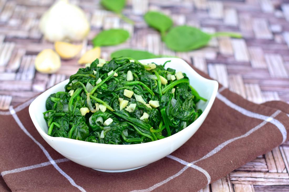 Bowl of cooked spinach with garlic