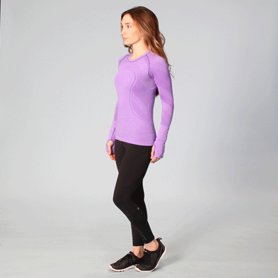 standing quad stretch or exercise gif.