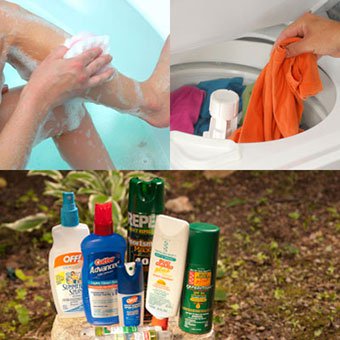A person washin glegs with soap, washing clothes and array of insect repellent lotions and bug sprays.