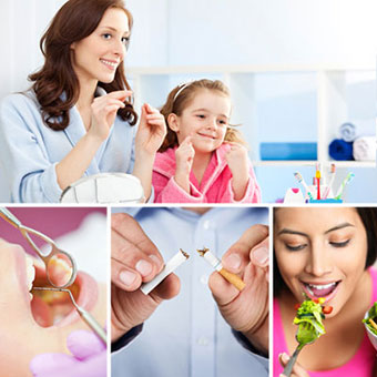 A mother and daughter floss their teeth; a dentist examines a patient; a man breaks a cigarette; and a woman eats a salad.