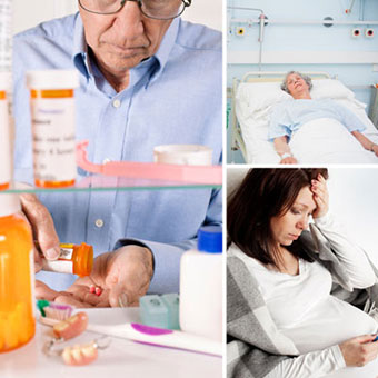 A man stands in front of a medicine cabinet containing antibiotics, corticosteroids, and dentures; a sick woman lies in a hospital bed; and a pregnant woman feels ill.